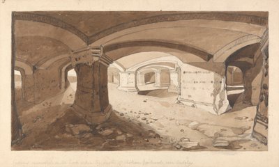 Kallioon kaivetut luolat Chateau Gaillardin linnassa, lähellä Andelysiä Normandiassa tekijältä John Sell Cotman