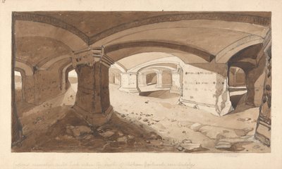 Kallioon kaivetut luolat Chateau Gaillardin linnassa, lähellä Andelysia, Normandiassa. tekijältä John Sell Cotman