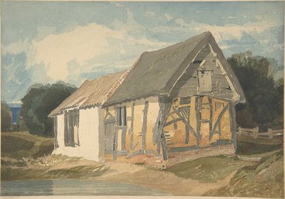 Maatilan rakennus lammen rannalla tekijältä John Sell Cotman