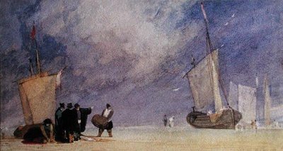 Figuurit rannalla purkamassa venettä laskuveden aikaan (kynä ja ruskea muste ja akvarelli paperille) tekijältä John Sell Cotman