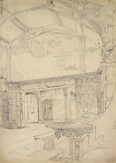 Suuren salin sisätilat, Little Moreton Hall, Cheshire tekijältä John Sell Cotman