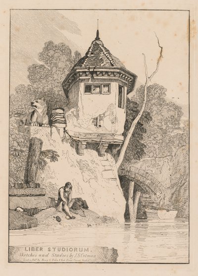 Liber Studiorum; Frontispiece, näkymä puutarhataloon Yare-joen rannalla tekijältä John Sell Cotman