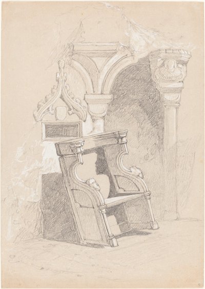 Luonnos tuhoutuneesta kirkon sisustuksesta tuolin kanssa tekijältä John Sell Cotman