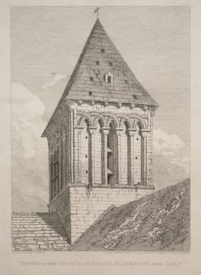 Haute Allemagnen kirkon torni lähellä Caenia tekijältä John Sell Cotman