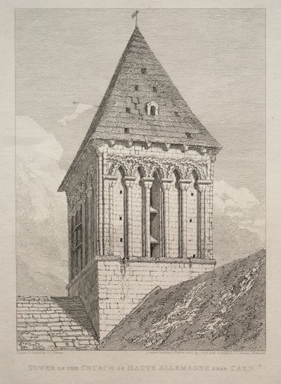 Haute Allemagnen kirkon torni lähellä Caenia. tekijältä John Sell Cotman