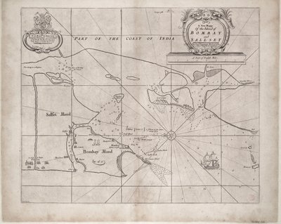 Bombayn ja Sallsetin kartta, jonka on laatinut Samuel Thornton, Itä-Intian komppanian hydrografi, ensijulkaisu noin vuonna 1685. tekijältä John Seller