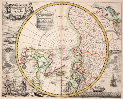 Napapiirikartta, jossa on napapiiri, noin 1680 (värillinen kaiverrus). tekijältä John Seller