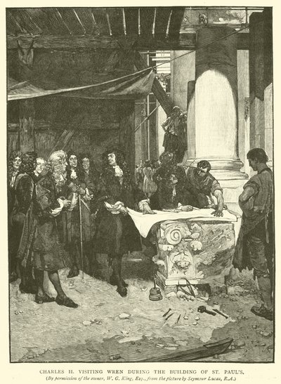 Charles II vierailee Wrenissä St Paulsin rakentamisen aikana tekijältä John Seymour Lucas