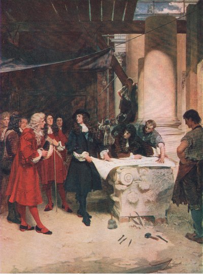 Kuningas Charlesin vierailu Erenissä St Paulsin rakentamisen aikana, esimerkki Waverleyn julkaisemasta The History of the British Peoplesta, n. 1940 (litho) tekijältä John Seymour Lucas
