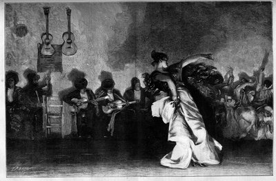 El Jaleo - Mustalaistanssit. Kitaristit ja flamencotanssijat. Kaiverrus John Singer Sargentin (1856-1925) maalauksen jälkeen teoksessa "The Illustrous World" nro 1335 28. lokakuuta tekijältä John Singer (after) Sargent