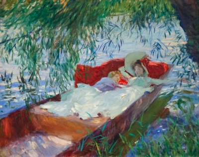 Nainen ja lapsi nukkumassa pajun alla olevassa puntissa pajun alla tekijältä John Singer Sargent