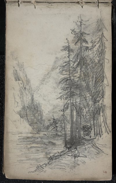 Vuoristomaisema puilla, 1871-72 (grafiitti tummennetulla luonnonvalkoisella kudospaperilla) tekijältä John Singer Sargent