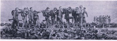 Pukeutumisasema. Sinappikaasun aiheuttamia uhreja Collinsin julkaisemasta British Adventure -teoksesta vuodelta 1947. tekijältä John Singer Sargent