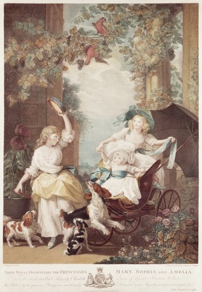 Yrjö III:n tyttäret prinsessat Maria (1776-1857), Sophia (1777-1848) ja Amelia (1783-1810), Francesco Bartolozzin (1727-1815) kaiverrus (kaiverrus). tekijältä John Singleton Copley