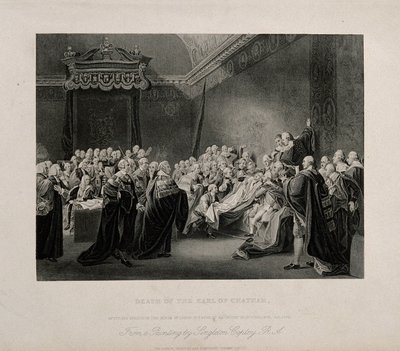 William Pittin, Lord Chathamin, kuolema Westminsterin palatsin ylähuoneessa vuonna 1778. J. Copleyn teoksen pohjalta tehty kaiverrus, 1779. tekijältä John Singleton Copley