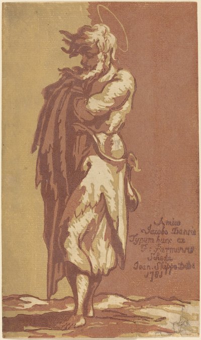 Mies Saint seisoo, kädet ristissä, kasvot vasemmalle tekijältä John Skippe after Parmigianino