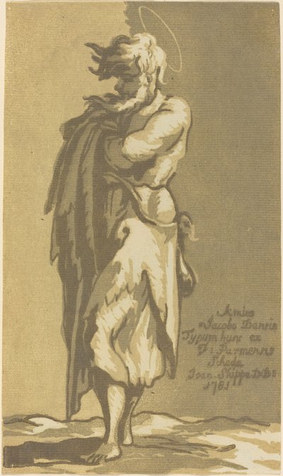Mies Saint seisoo, kädet ristissä, kasvot vasemmalle tekijältä John Skippe after Parmigianino
