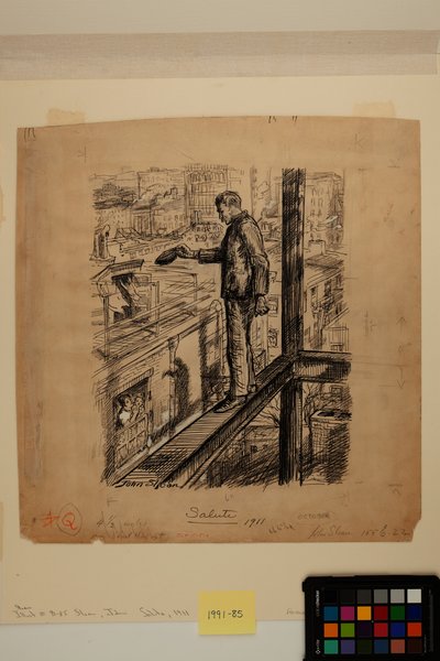 Tervehdys, n. 1911 (mustetta, hiiltä ja sinkkivalkoista maalia paperille) tekijältä John French Sloan