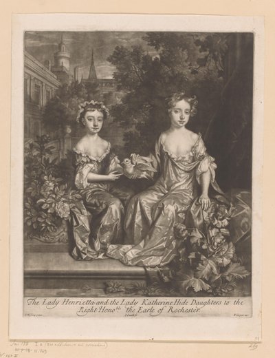 Portret van Henrietta ja Katherine Hyde tapasivat een duif Lady Henrietta ja Lady Katherine piilottelevat tyttäriä Rochesterin Earlelle (nimi esineessä) tekijältä John Smith