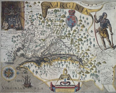Mapa da Virgínia: inserção (canto superior esquerdo) mostrando o interior da cabana do chefe indígena Powhatan, por John Smith (1580-1631) finlandês tekijältä John Smith