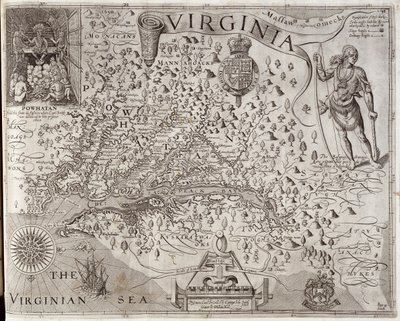 Virginian kartta, jonka kapteeni John Smith löysi ja kuvasi vuonna 1606, kaiverrettu William Hole (1607-24), julkaistu 1612 (ks. myös 174212). tekijältä John Smith 2