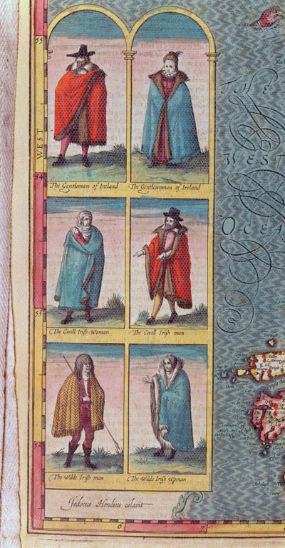 Irlantilaisia "tyyppejä", yksityiskohta teoksesta The Kingdom of Ireland, kaiverrettu Jodocus Hondiuksen (1563-1612) teoksesta The Theatre of the Empire of Great Britain, julkaisija John Sudbury ja George Humble, 1610 (värillinen en tekijältä John Speed