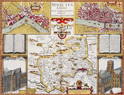 Keski-sukupuolta on kuvattu tunnetuimpien Lontoon ja Westminsterin kaupunkien kanssa, Speedin "Theatre of the Empire of Great Britain", 1611-12 (käsinvärinen kuparikaiverrus) tekijältä John Speed
