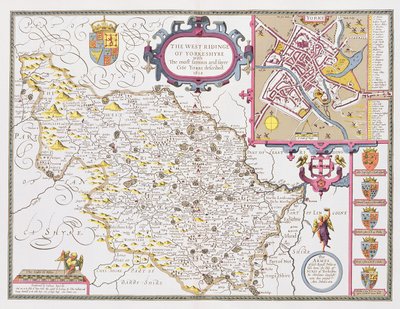Yorkeshyren läntinen ratsastus, Jodocus Hondiuksen (1563-1612) kaiverrus John Speedin teoksesta Theatre of the Empire of Great Britain, 1611-12 (käsinvärinen kuparikaiverrus) tekijältä John Speed