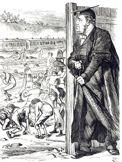 Sarjakuva William Vernon Harcourtista (1827-1904), joka sisäministerin aikana suositteli koivun käyttöönottoa alaikäisten rikoksentekijöiden pidätyksen sijaan. Kuvittanut John Tenniel (1820-1914), englantilainen kuvittaja, graafinen humoristi, tekijältä John Tenniel