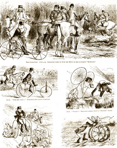 Sarjakuva, joka kuvaa miestä metsästämässä kolmipyörällä. Kuvittanut John Tenniel (1820-1914), englantilainen kuvittaja, graafinen humoristi ja poliittinen sarjakuvapiirtäjä tekijältä John Tenniel