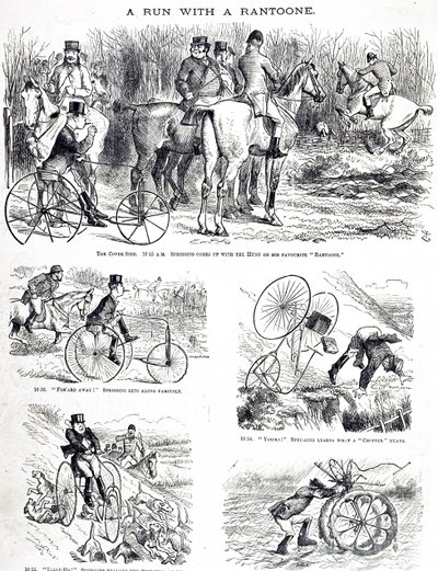 Sarjakuva, joka kuvaa miestä metsästämässä kolmipyörällä. Kuvittanut John Tenniel (1820-1914), englantilainen kuvittaja, graafinen humoristi ja poliittinen sarjakuvapiirtäjä tekijältä John Tenniel