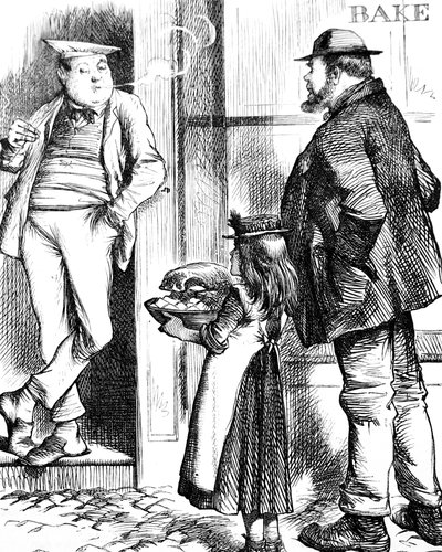 Isä ja tytär tuovat ruokaa paistamista varten paikalliselle leipurille kypsennettäväksi tekijältä John Tenniel