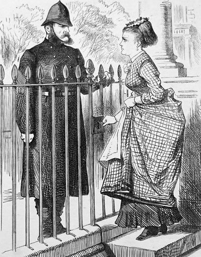 Poliisi puhuu nuoren naisen kanssa tekijältä John Tenniel