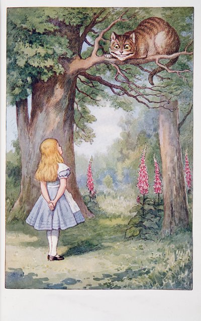 Lewis Carroll (1832 - 98), Liisa ja Cheshiren kissa, Alice Adventures in Wonderland ja lasin läpi ja mitä Alice löysi sieltä, julkaistu 1911 (värillinen litografia) tekijältä John Tenniel