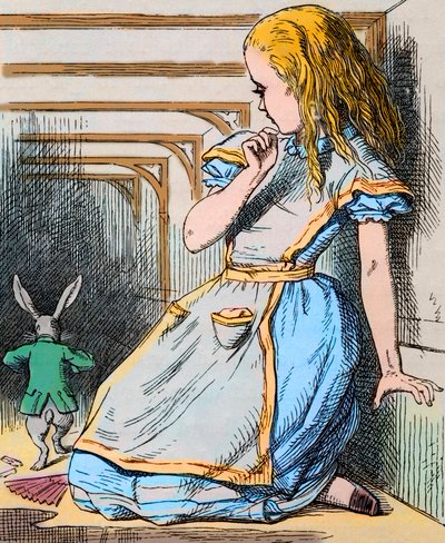 Liisa ja valkoinen kani. John Tennielin kuvitus Lewis Carrollin "Liisan seikkailut ihmemaassa" ensimmäisestä painoksesta, 1865 - Kuvitus Lewis Carrollin (Charles Lutwidge Dodgson) tarinalle "Liisa ihmemaassa" tekijältä John Tenniel