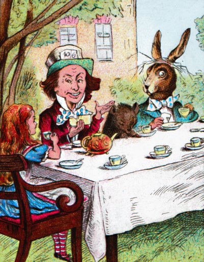 Liisa Mad Hatters -teejuhlissa vuonna 1910 tekijältä John Tenniel