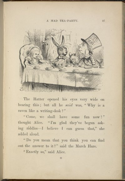 Liisa Hatuntekijän teejuhlissa. tekijältä John Tenniel