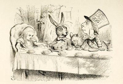 Liisa Hatuntekijän teejuhlissa. tekijältä John Tenniel