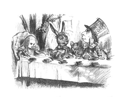 Liisa Mad Hatters -teejuhlissa, 1889 tekijältä John Tenniel