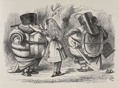 Alice pukee Tweedledeen ja Tweedledumin. tekijältä John Tenniel