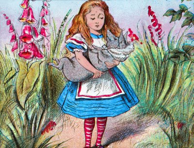 Alice pitelee sikaa sylissään., c1910. tekijältä John Tenniel