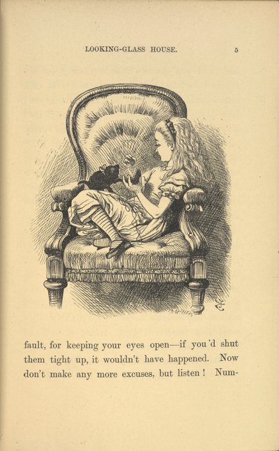 Liisa istuu tuolilla leikkimässä kissanpennun kanssa. tekijältä John Tenniel