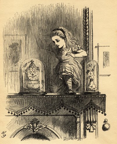 Alice in the Looking Glass House, kuvitus Lewis Carrollin (1832-1898) teoksesta Through the Looking Glass, julkaistu ensimmäisen kerran 1871 tekijältä John Tenniel