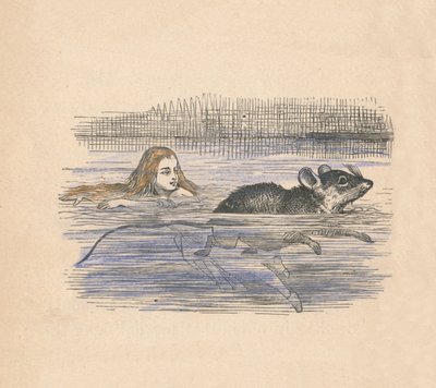 Liisa uimassa hiiren kanssa altaassa, 1889 tekijältä John Tenniel