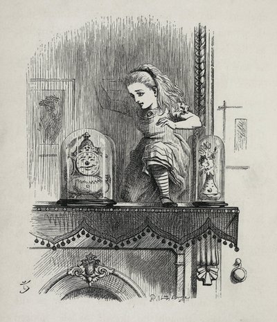 Alice kulkee peilin läpi - Lewis Carrollin "" Alicen seikkailuissa Ihmemaassa ja lasin läpi" -osassa, kuvitus John Tenniel (1820-1914) tekijältä John Tenniel