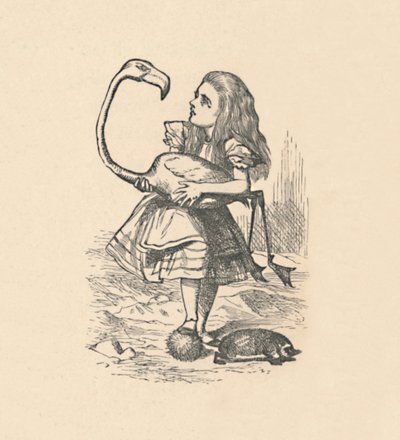 Alice yrittää pelata krokettia flamingon kanssa vasarana, 1889 tekijältä John Tenniel