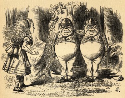 Alice Tweedledumin ja Tweedledeen kanssa. Kuvitus Sir John Tenniel tekijältä John Tenniel