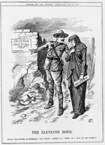 Boer War: Baden Powell rohkaisee Mafekingia kestämään. Lordi Roberts lupasi vapauttaa heidät 18. toukokuuta mennessä. John Tenniel sarjakuva Punchista 9. toukokuuta 1900. tekijältä John Tenniel