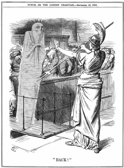 Britannia pidättelee koleraa Britannian satamissa. Vuoden 1892 taudinpurkauksessa Venäjällä kuoli noin 260 000 ja Hampurissa 7 600. Epidemia estettiin Britanniassa. John Tenniel -sarjakuva Punch Londonista 10. syyskuuta 1892. tekijältä John Tenniel