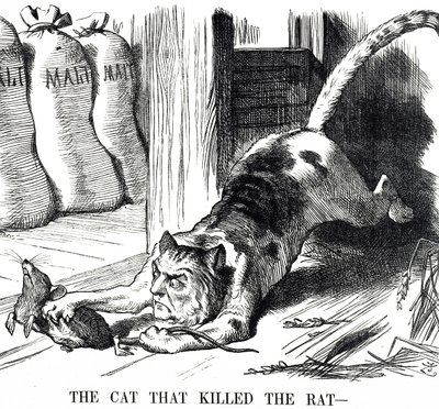 Sarjakuva, joka kommentoi mallasveron poistamista vuonna 1880 tekijältä John Tenniel